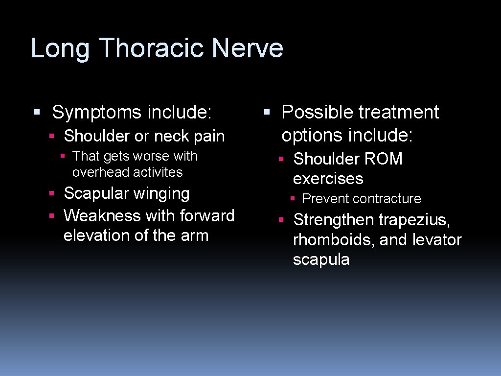 Long Thoracic Nerve § Symptoms include: § Shoulder or neck pain § That gets