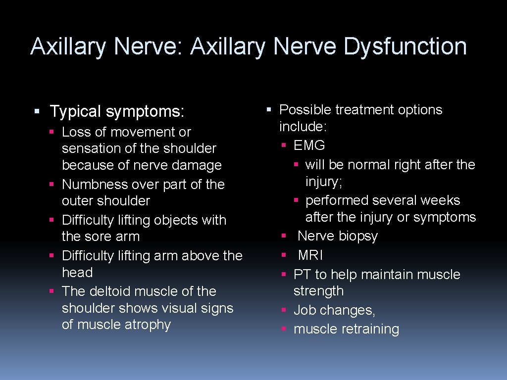 Axillary Nerve: Axillary Nerve Dysfunction § Typical symptoms: § Loss of movement or §