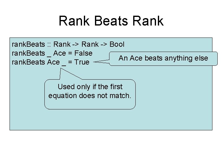 Rank Beats Rank rank. Beats : : Rank -> Bool rank. Beats _ Ace