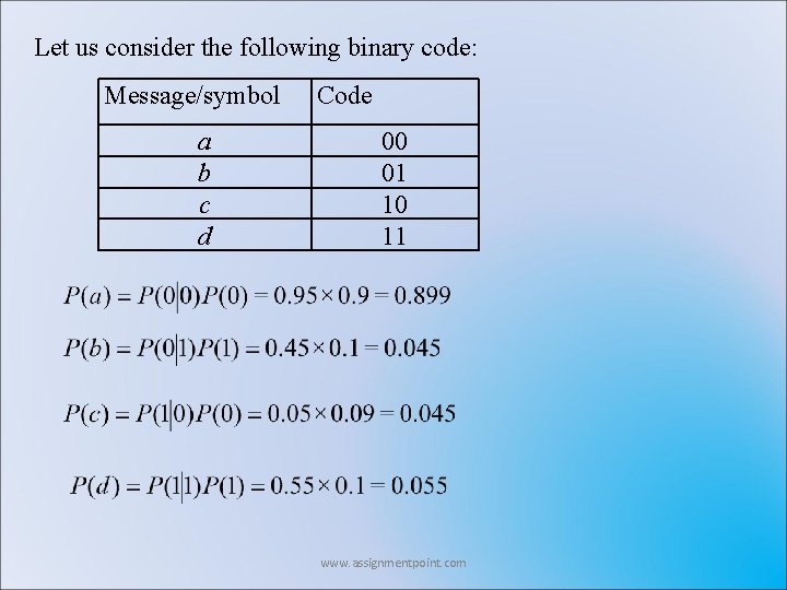 Let us consider the following binary code: Message/symbol a b c d Code 00 Let us consider the following binary code: Message/symbol a b c d Code 00