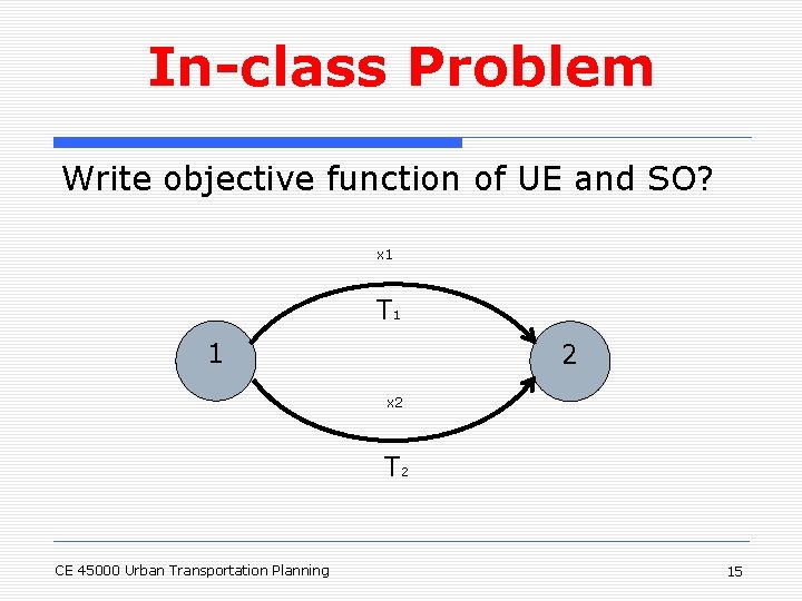 In-class Problem Write objective function of UE and SO? x 1 T 1 1