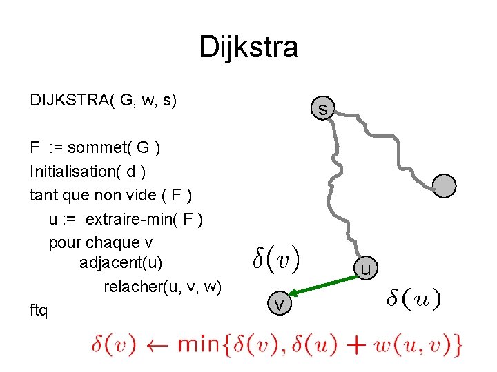 Dijkstra DIJKSTRA( G, w, s) F : = sommet( G ) Initialisation( d )