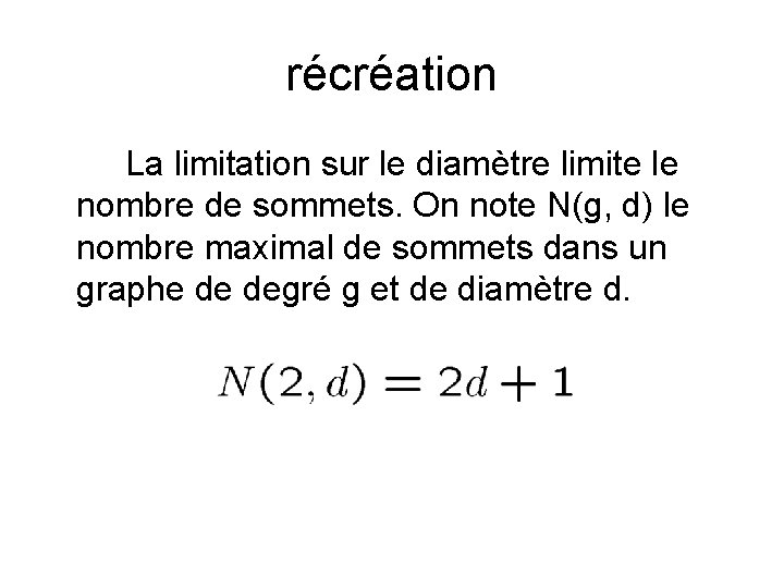 récréation La limitation sur le diamètre limite le nombre de sommets. On note N(g,