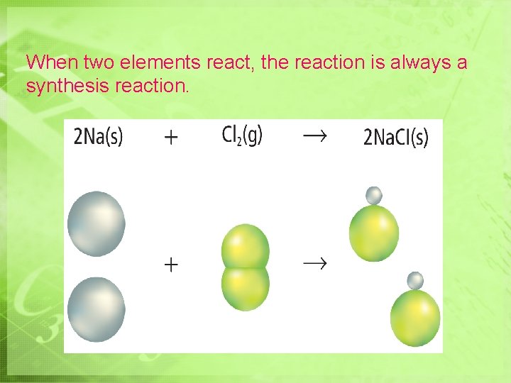 When two elements react, the reaction is always a synthesis reaction. 
