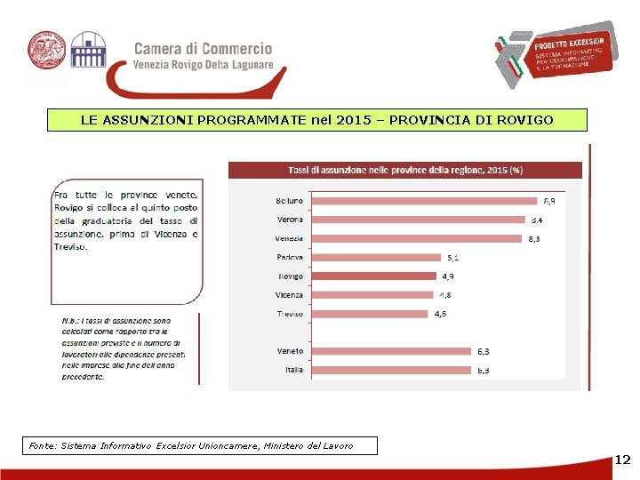 LE ASSUNZIONI PROGRAMMATE nel 2015 – PROVINCIA DI ROVIGO Fonte: Sistema Informativo Excelsior Unioncamere,