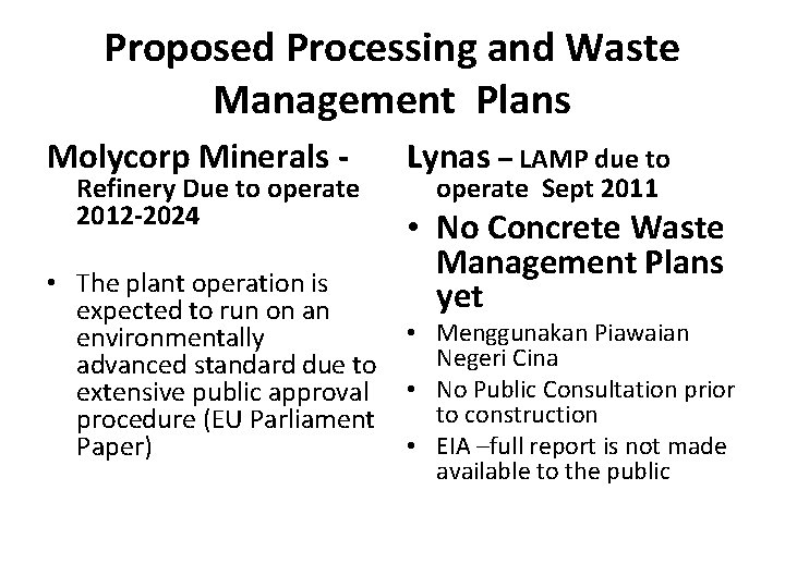 Proposed Processing and Waste Management Plans Molycorp Minerals - Refinery Due to operate 2012