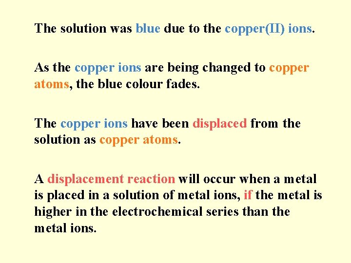 The solution was blue due to the copper(II) ions. As the copper ions are