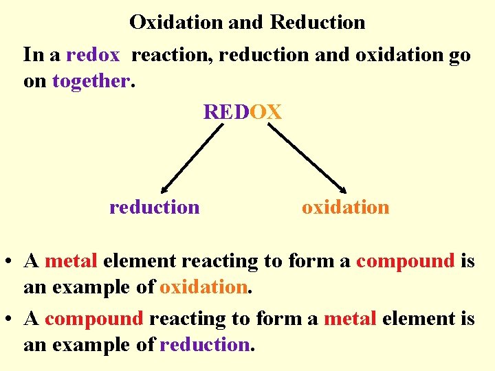 Oxidation and Reduction In a redox reaction, reduction and oxidation go on together. REDOX