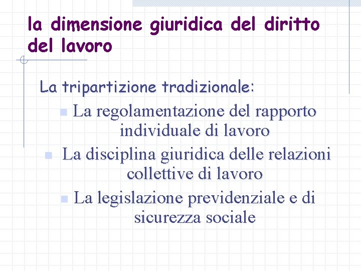 la dimensione giuridica del diritto del lavoro La tripartizione tradizionale: La regolamentazione del rapporto