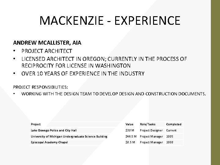 MACKENZIE - EXPERIENCE ANDREW MCALLISTER, AIA • PROJECT ARCHITECT • LICENSED ARCHITECT IN OREGON;