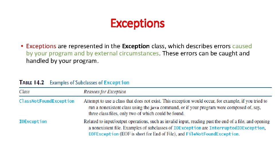 Exceptions • Exceptions are represented in the Exception class, which describes errors caused by