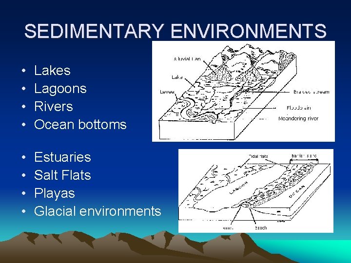 SEDIMENTARY ENVIRONMENTS • • Lakes Lagoons Rivers Ocean bottoms • • Estuaries Salt Flats