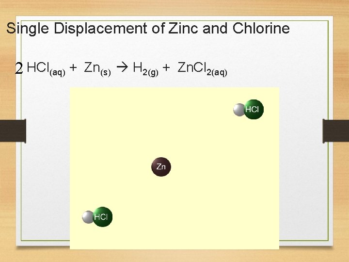 Single Displacement of Zinc and Chlorine 2 HCl(aq) + Zn(s) H 2(g) + Zn.