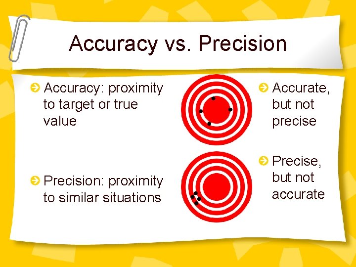 Accuracy vs. Precision Accuracy: proximity to target or true value Accurate, but not precise