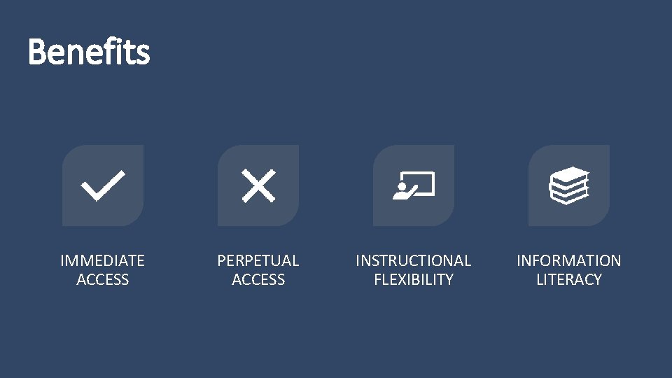 Benefits IMMEDIATE ACCESS PERPETUAL ACCESS INSTRUCTIONAL FLEXIBILITY INFORMATION LITERACY 