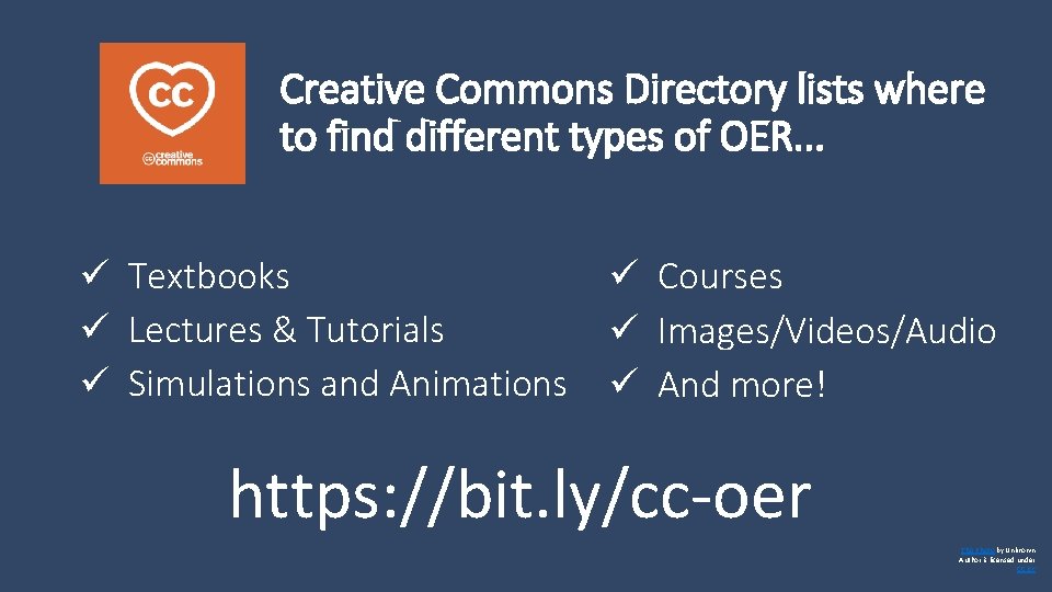 Creative Commons Directory lists where to find different types of OER. . . ü
