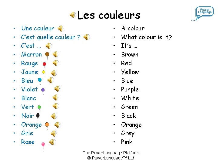 Les couleurs • • • • Une couleur C’est quelle couleur ? C’est …