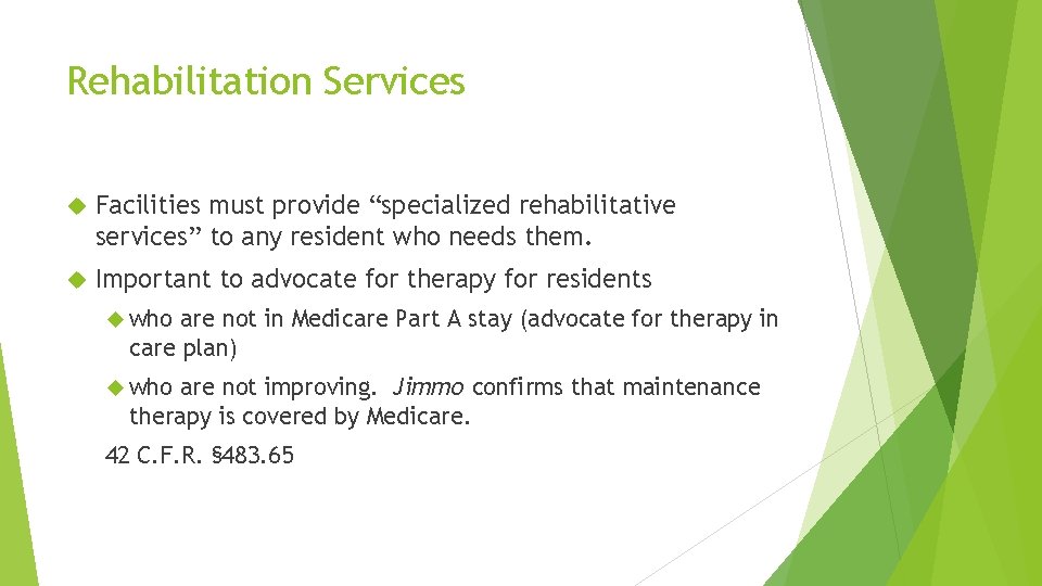 Rehabilitation Services Facilities must provide “specialized rehabilitative services” to any resident who needs them.
