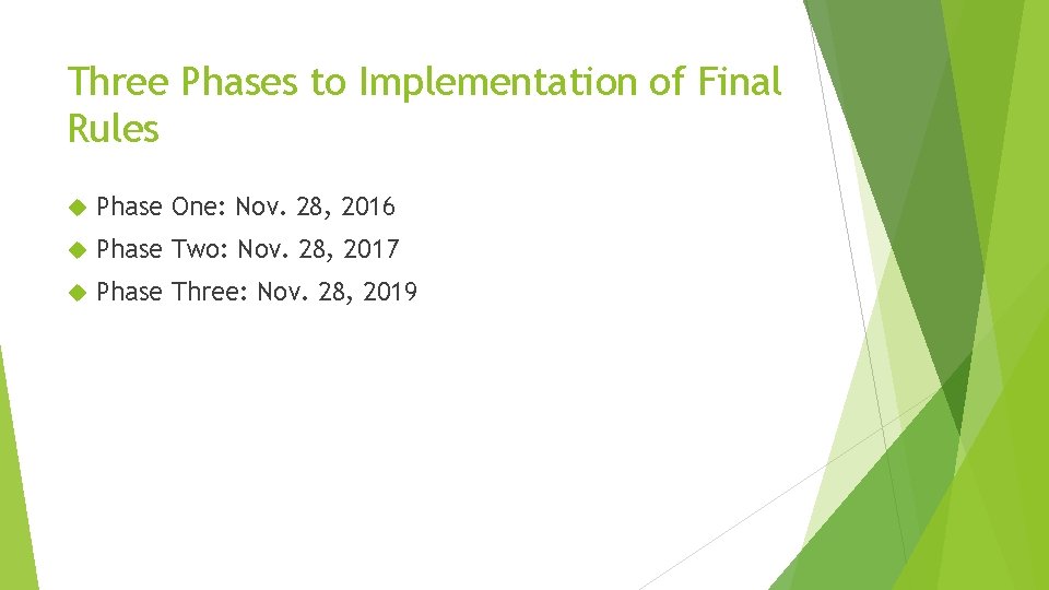 Three Phases to Implementation of Final Rules Phase One: Nov. 28, 2016 Phase Two: