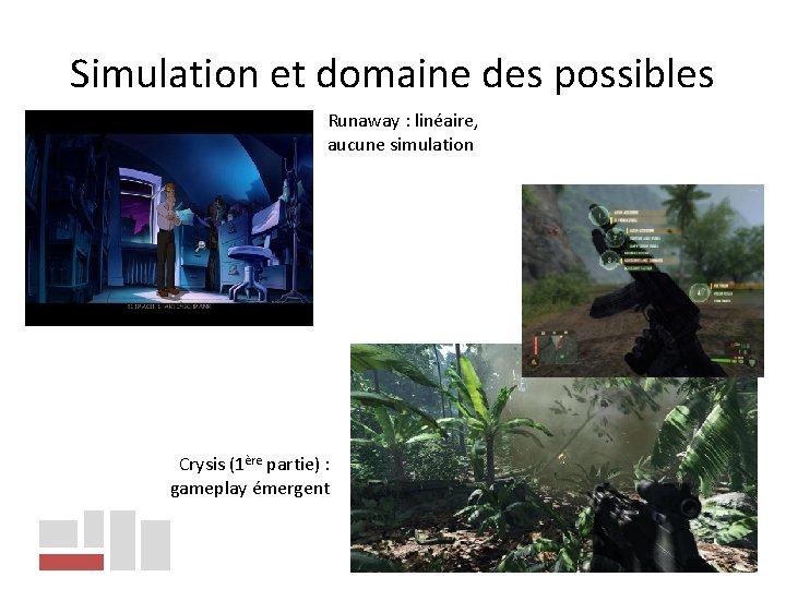 Simulation et domaine des possibles Runaway : linéaire, aucune simulation Crysis (1ère partie) :