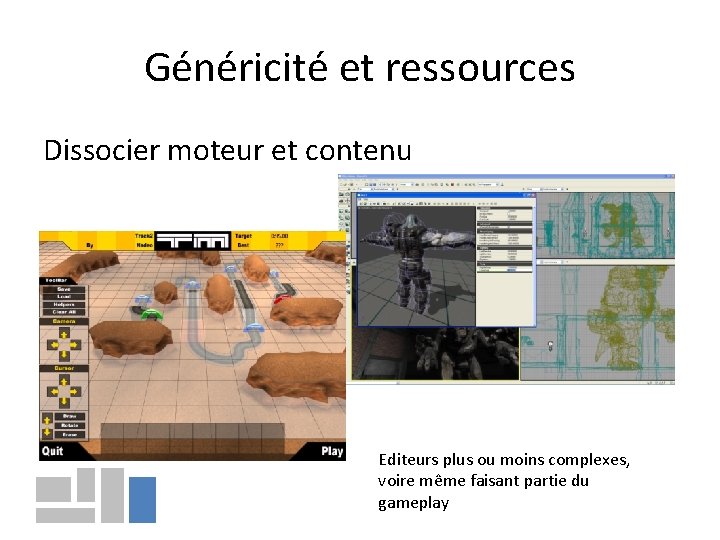 Généricité et ressources Dissocier moteur et contenu Editeurs plus ou moins complexes, voire même