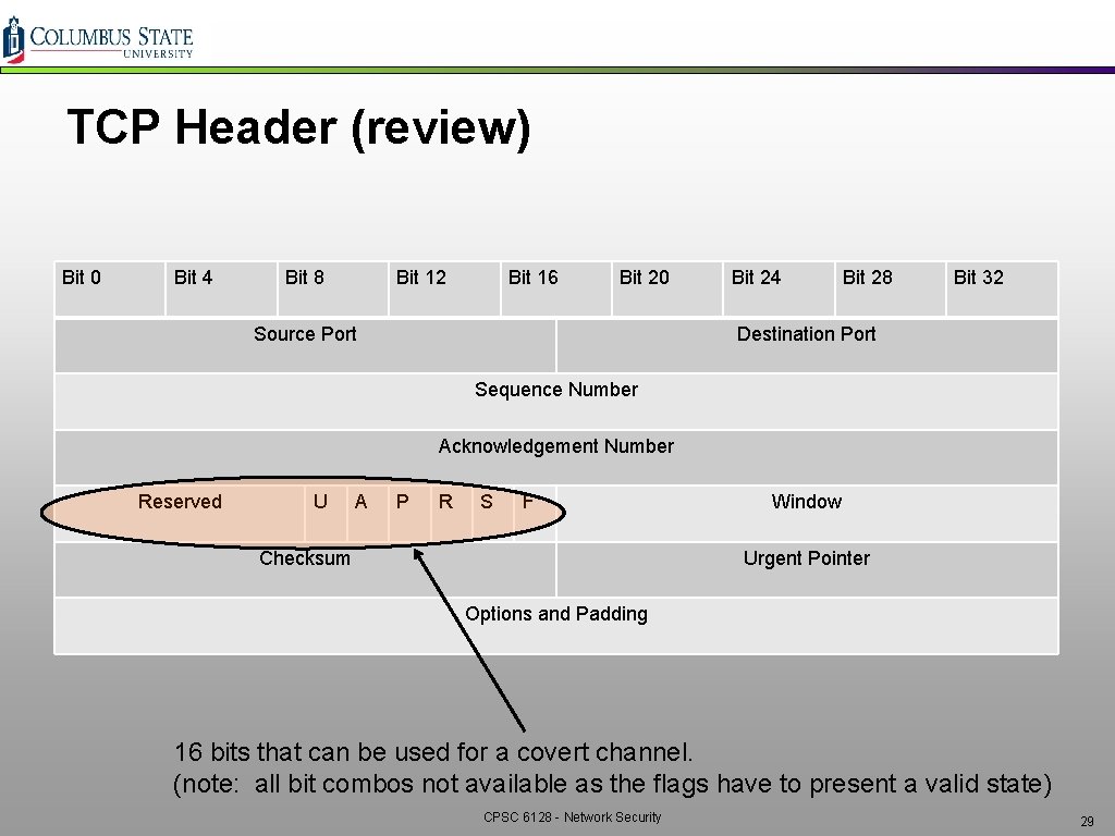 TCP Header (review) Bit 0 Bit 4 Bit 8 Bit 12 Bit 16 Bit