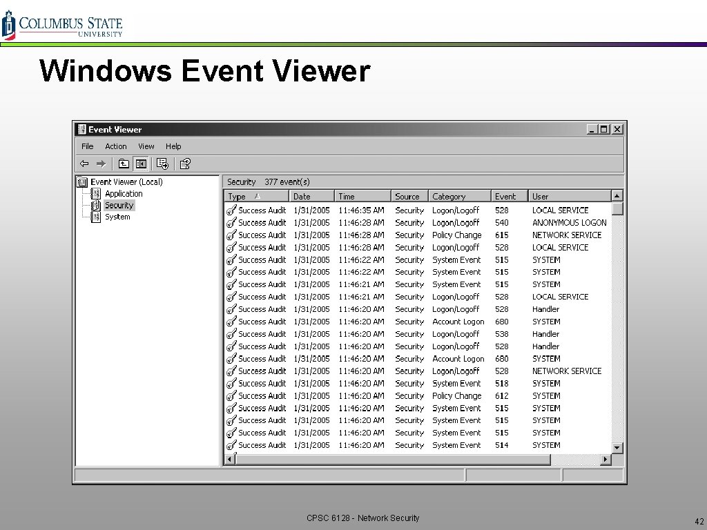 Windows Event Viewer CPSC 6128 - Network Security 42 