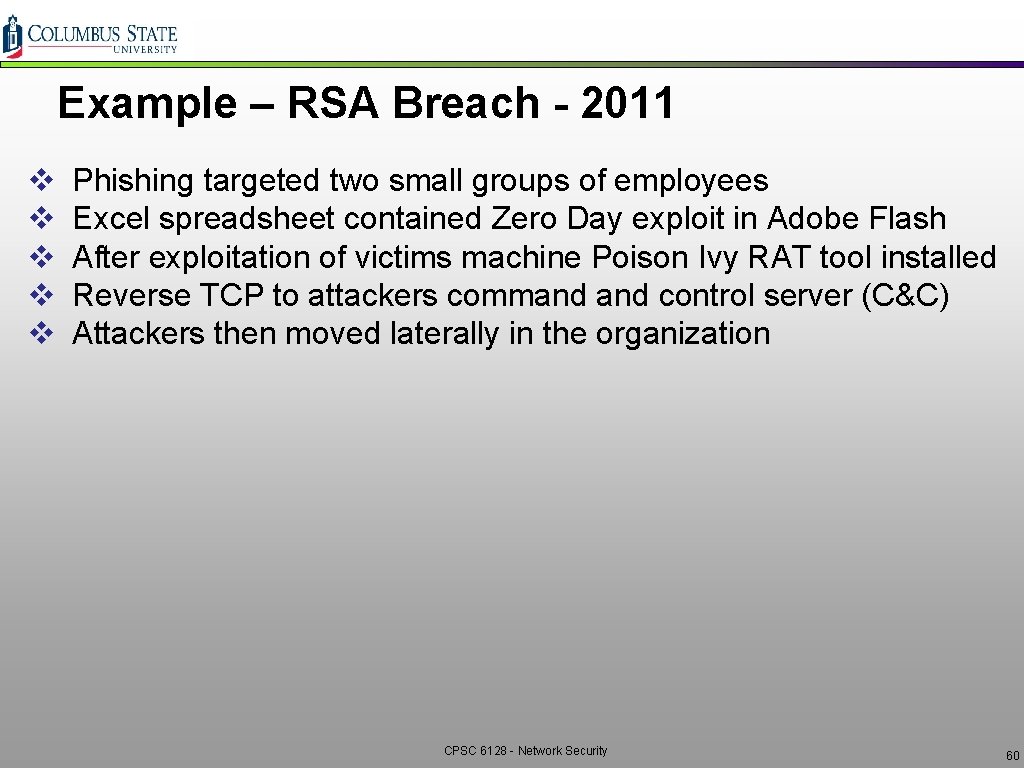 Example – RSA Breach - 2011 v v v Phishing targeted two small groups