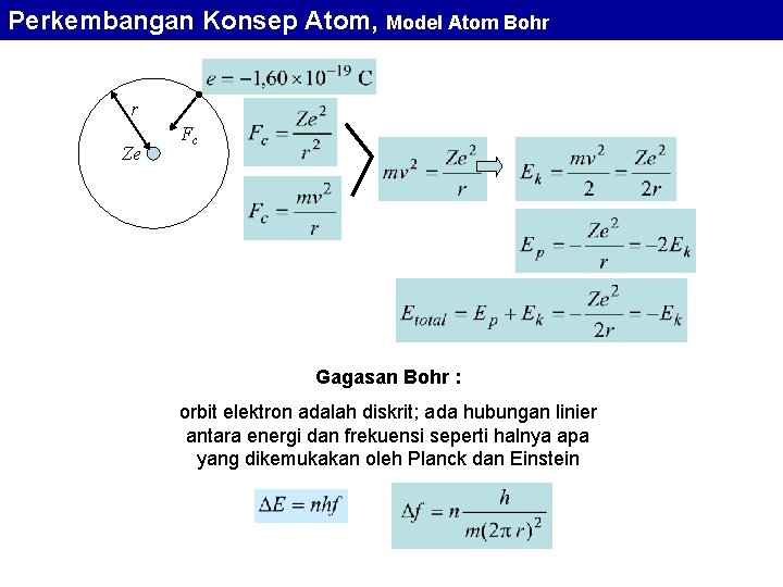 Perkembangan Konsep Atom, Model Atom Bohr r Ze Fc Gagasan Bohr : orbit elektron