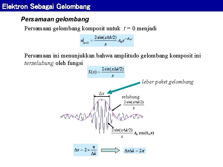Elektron Sebagai Gelombang Persamaan gelombang komposit untuk t = 0 menjadi Persamaan ini menunjukkan