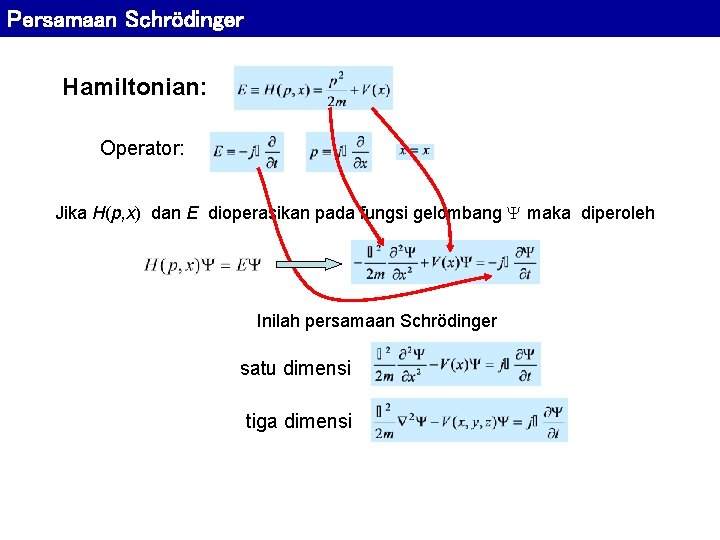 Persamaan Schrödinger Hamiltonian: Operator: Jika H(p, x) dan E dioperasikan pada fungsi gelombang maka