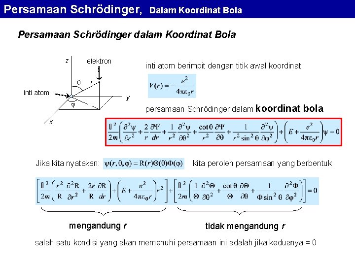 Persamaan Schrödinger, Dalam Koordinat Bola Persamaan Schrödinger dalam Koordinat Bola z elektron inti atom