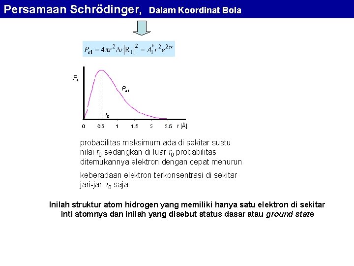 Persamaan Schrödinger, Dalam Koordinat Bola Pe Pe 1 r 0 r [Å] probabilitas maksimum