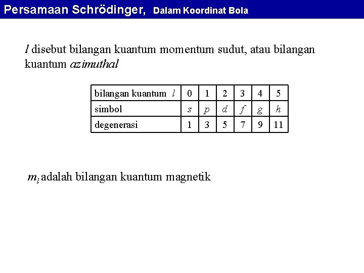 Persamaan Schrödinger, Dalam Koordinat Bola l disebut bilangan kuantum momentum sudut, atau bilangan kuantum