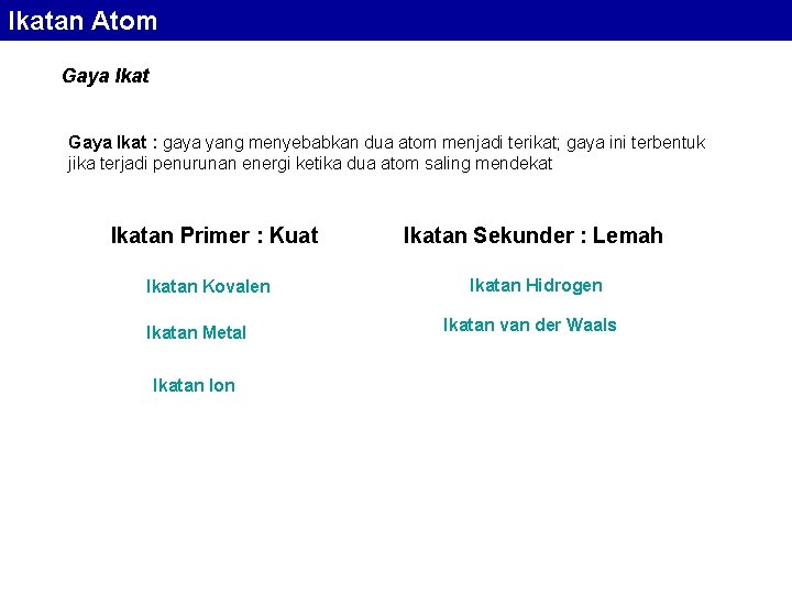 Ikatan Atom Gaya Ikat : gaya yang menyebabkan dua atom menjadi terikat; gaya ini