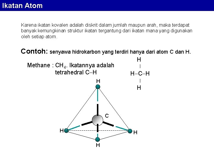 Ikatan Atom Karena ikatan kovalen adalah diskrit dalam jumlah maupun arah, maka terdapat banyak