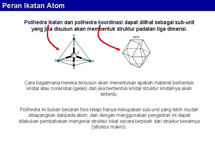 Peran Ikatan Atom Polihedra ikatan dan polihedra koordinasi dapat dilihat sebagai sub-unit yang jika