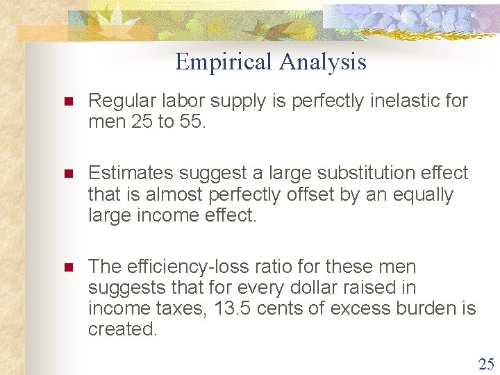Empirical Analysis n Regular labor supply is perfectly inelastic for men 25 to 55.