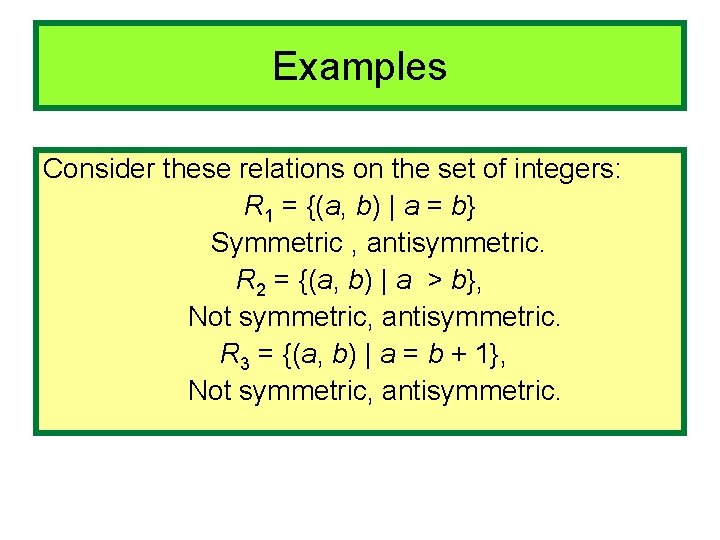 Examples Consider these relations on the set of integers: R 1 = {(a, b)