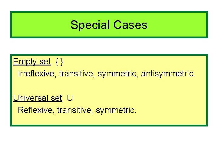 Special Cases Empty set { } Irreflexive, transitive, symmetric, antisymmetric. Universal set U Reflexive,