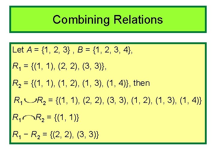 Combining Relations Let A = {1, 2, 3} , B = {1, 2, 3,