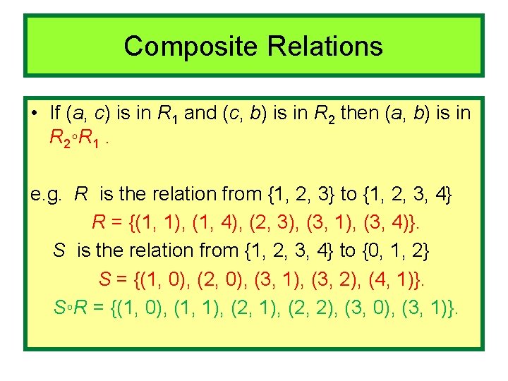 Composite Relations • If (a, c) is in R 1 and (c, b) is