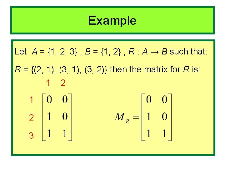 Example Let A = {1, 2, 3} , B = {1, 2} , R