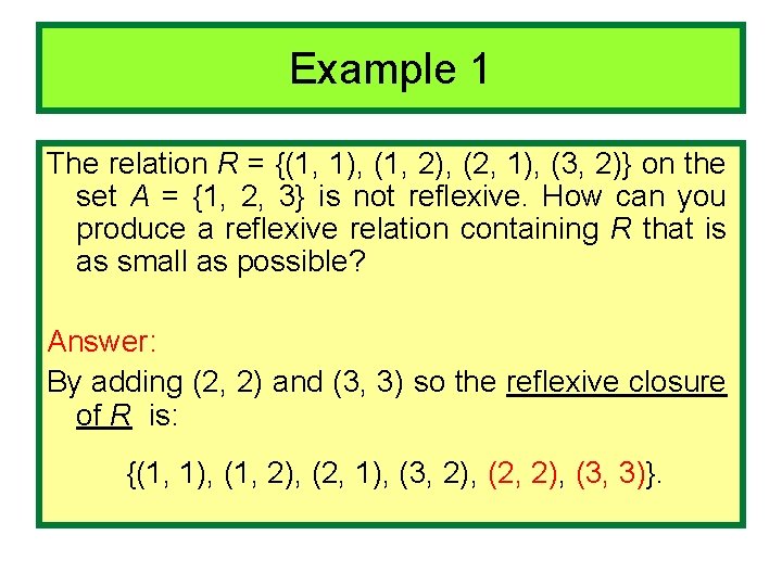 Example 1 The relation R = {(1, 1), (1, 2), (2, 1), (3, 2)}