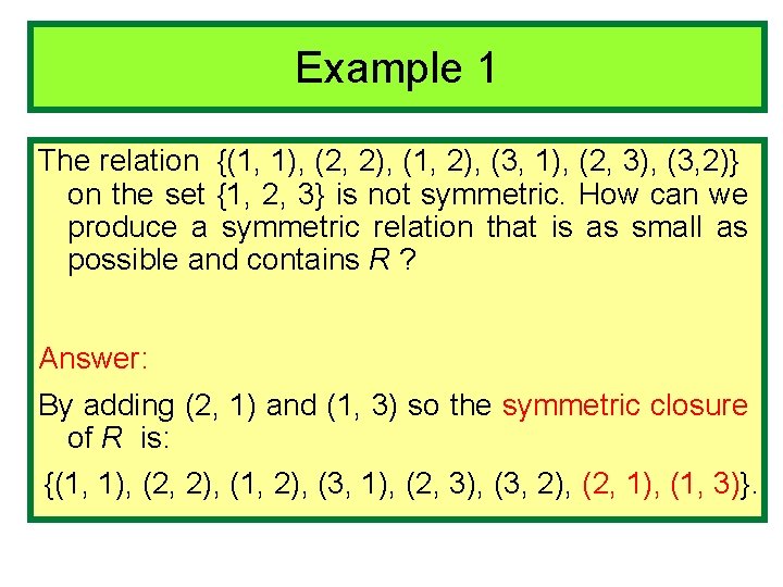 Example 1 The relation {(1, 1), (2, 2), (1, 2), (3, 1), (2, 3),