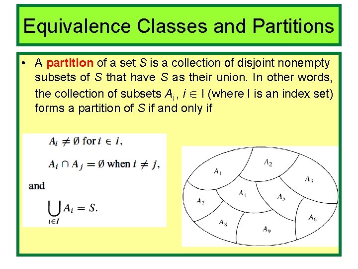 Equivalence Classes and Partitions • A partition of a set S is a collection