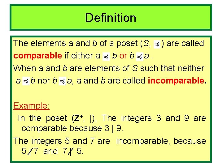 Definition The elements a and b of a poset (S, ) are called comparable