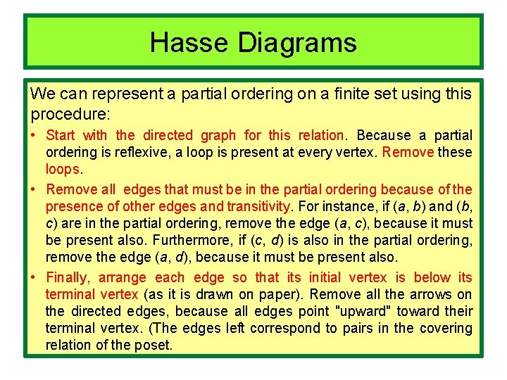 Hasse Diagrams We can represent a partial ordering on a finite set using this