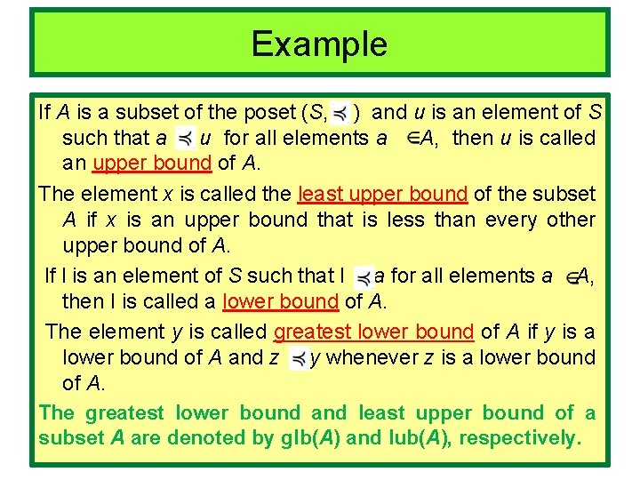 Example If A is a subset of the poset (S, ) and u is