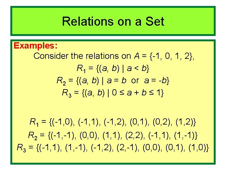 Relations on a Set Examples: Consider the relations on A = {-1, 0, 1,